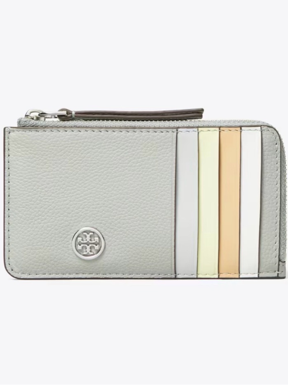 TORY BURCH ROBINSON PEBBLED TOP-ZIP CARD CASE LIGHT GRANITE NWT photo in listing